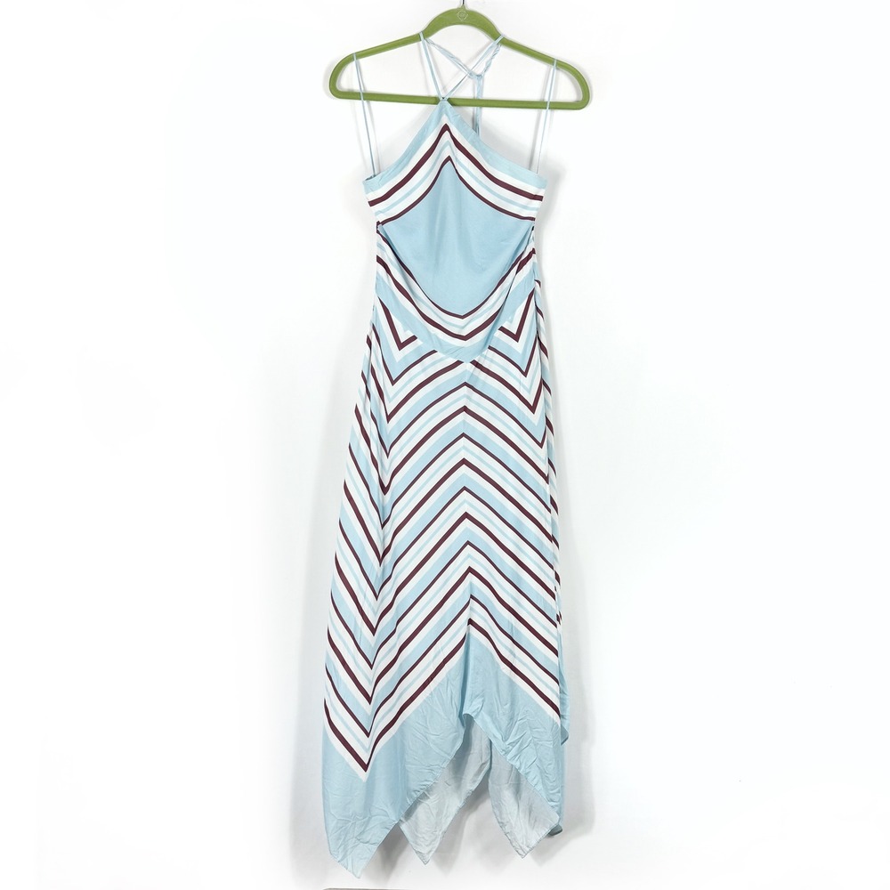 SIMKHAI Hera Halter Midi Dress Blue Chevron Striped Silk Blend Handkerchief Sz M - Picture 7 of 16